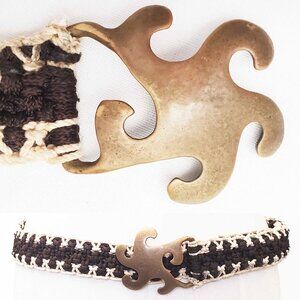 Vintage 1970 LAURIE Swirling Brass Belt Buckle Macramé Woven Belt